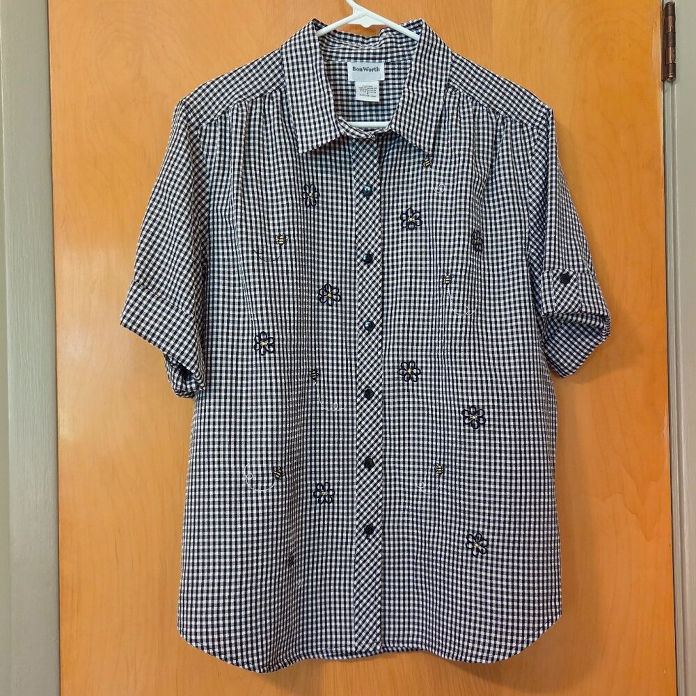 Vtg BonWorth Seersucker Button Up Shirt Size M Black Gingham Check Bees Daisies